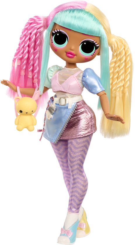 LOL Surprise OMG pop met lang golvend haar (blauw, roze, geel) en een schattige teddybeer handtas.