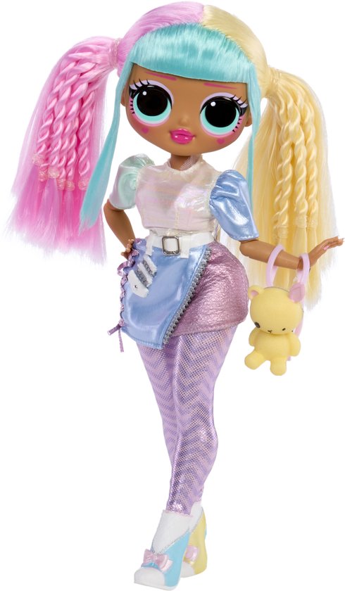 LOL Surprise OMG pop met lang golvend haar (blauw, roze, geel), outfit en gele teddybeer.