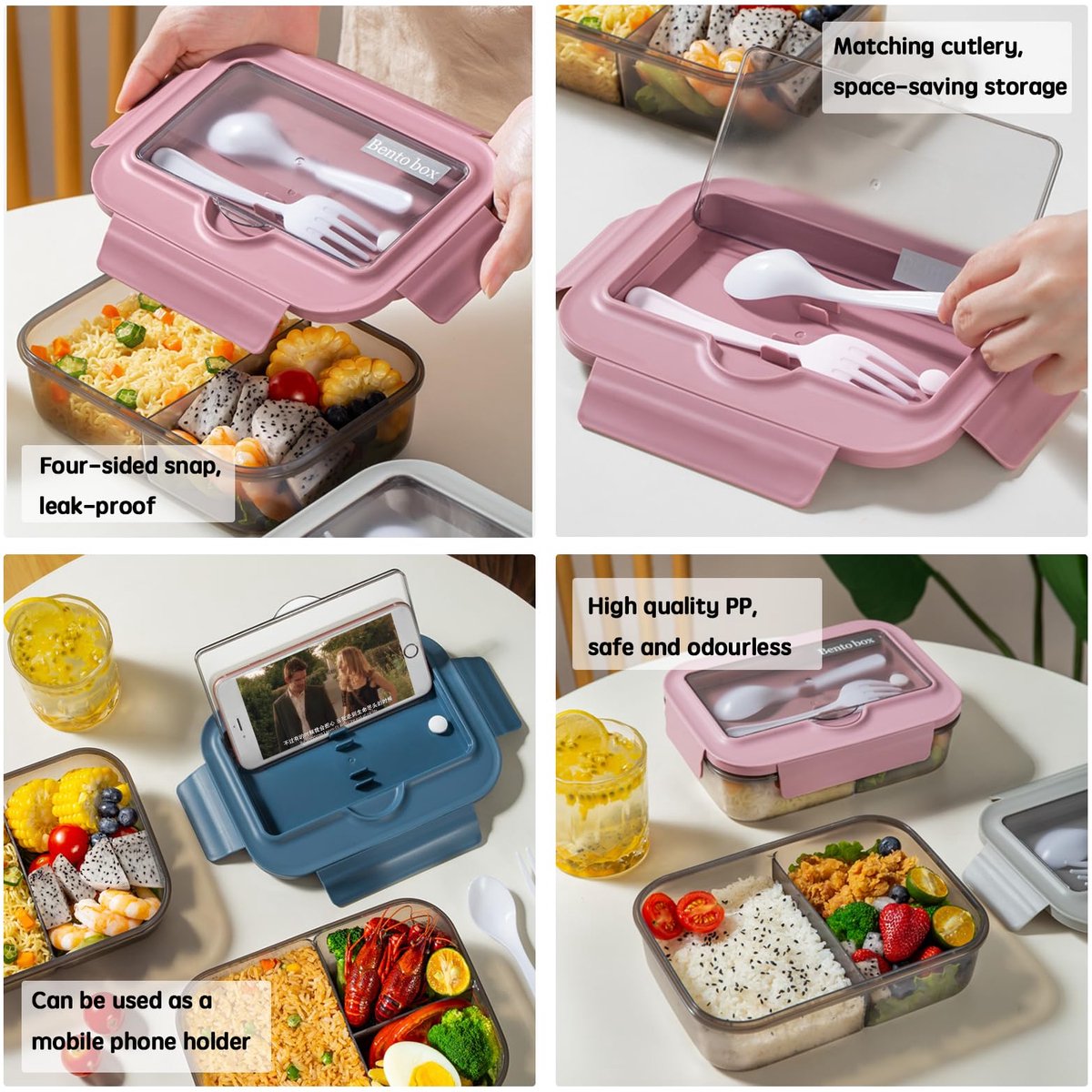 Broodtrommel - broodtrommel lunchbox volwassenen - Lunchboxen kinderen - Lunchbox met vakjes - Herbruikbare lunchbox - Boxcontainer met 2 compartimenten - Geïsoleerde - Afsluitbare - Draagbare - Kan in de magnetron worden verwarmd (grijs) — cadeau in Koken & Dineren - foto 4