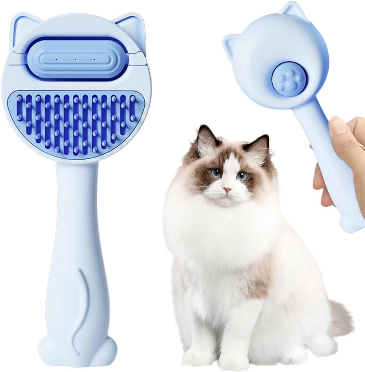 Kattenstoomborstel met ontgrendelingsknop, hondenborstel, kattenstoomborstel geschikt voor langharige en kortharige katten, honden en konijnen, zelfreinigende kattenborstel