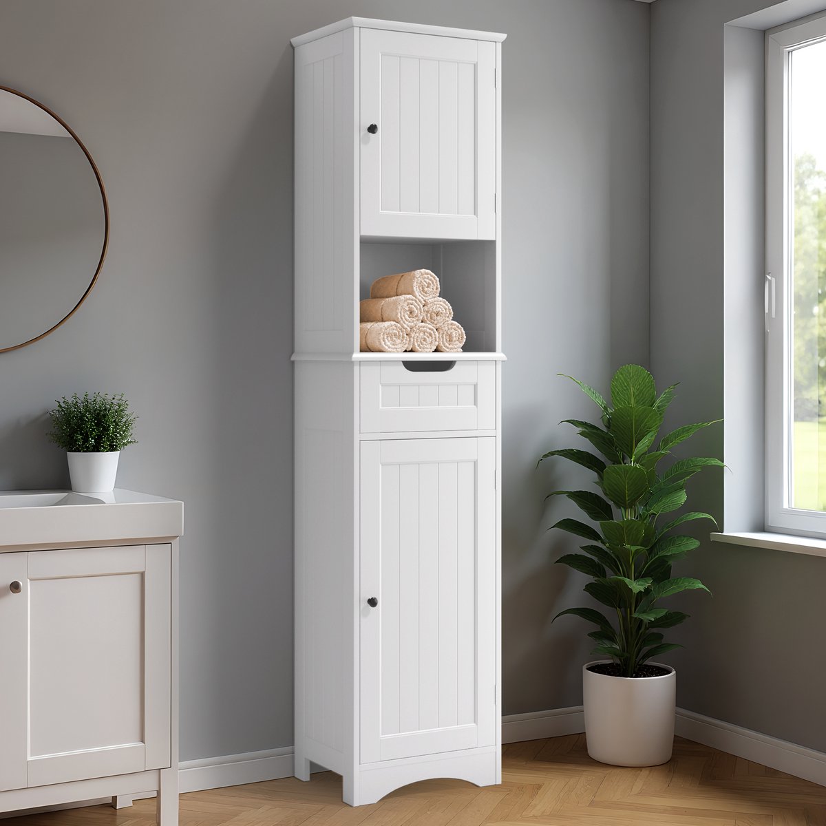 Bealife AP13 Badkamerkast - Kolomkast met 2 Deuren, 1 Lade & Open Middenvak - 3 Verstelbare Planken - 170 × 40 × 30 cm - Wit