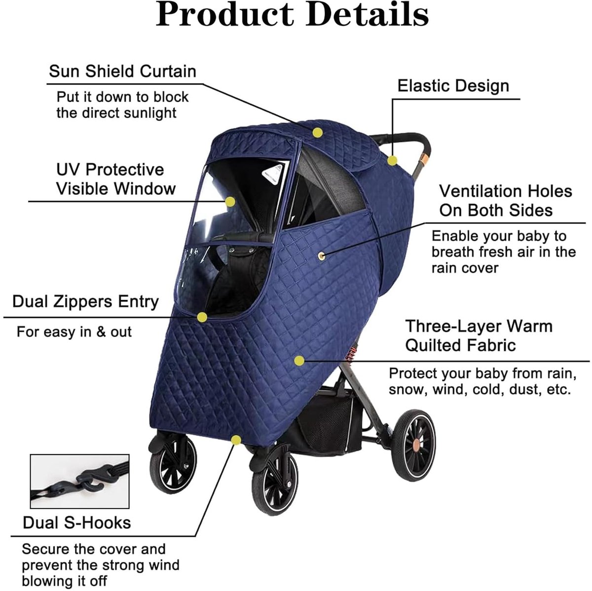 Regenhoes Kinderwagen - Winter Kinderwagen Regenhoes - Cover voor Kinderwagen - Universele Regenhoes Kinderwagen met Kijkvenster - Gewatteerde Weerbescherming - Winddicht en Warm - Waterdicht - bescherming tegen zon - Stof - Sneeuw - Blauw – foto 3