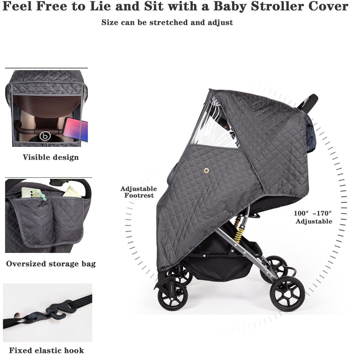 Regenhoes Kinderwagen - Winter Kinderwagen Regenhoes - Cover voor Kinderwagen - Universele Regenhoes Kinderwagen met Kijkvenster - Gewatteerde Weerbescherming - Winddicht en Warm - Waterdicht - bescherming tegen zon - Stof - Sneeuw - Blauw – foto 6