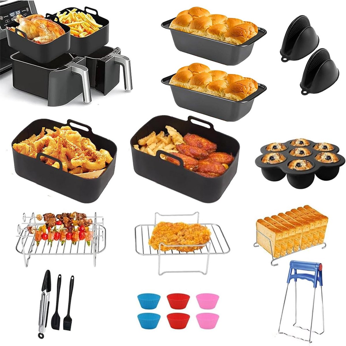 Airfryer-Accessoireset - Heteluchtfriteuse - Geschikt voor Airfryers - Bakplaat - Bakrek - Herbruikbaar