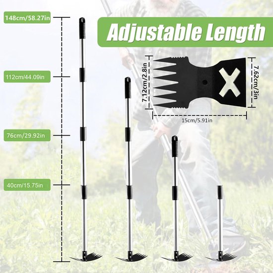 Onkruidverwijderaar met 148 cm lange steel - 2-in-1 handmatige onkruidverwijderaar - Tuinhark en schoffel - Onkruidverwijderaar voor tuin, gazon, terras, moestuin — afbeelding 5