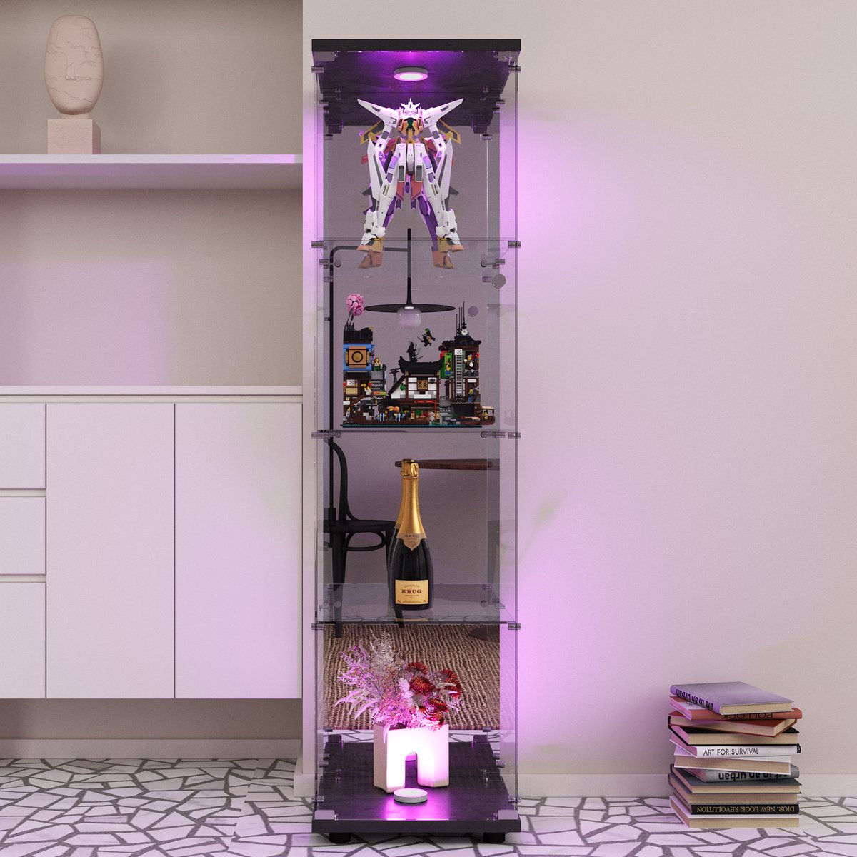 Vitrinekast van glas met LED-verlichting, 164 cm moderne staande vitrinekast met 4 ESG-glasplanken, collectievitrinekast voor bar, woonkamer, 164 x 42,5 x 36,5 cm, zwart