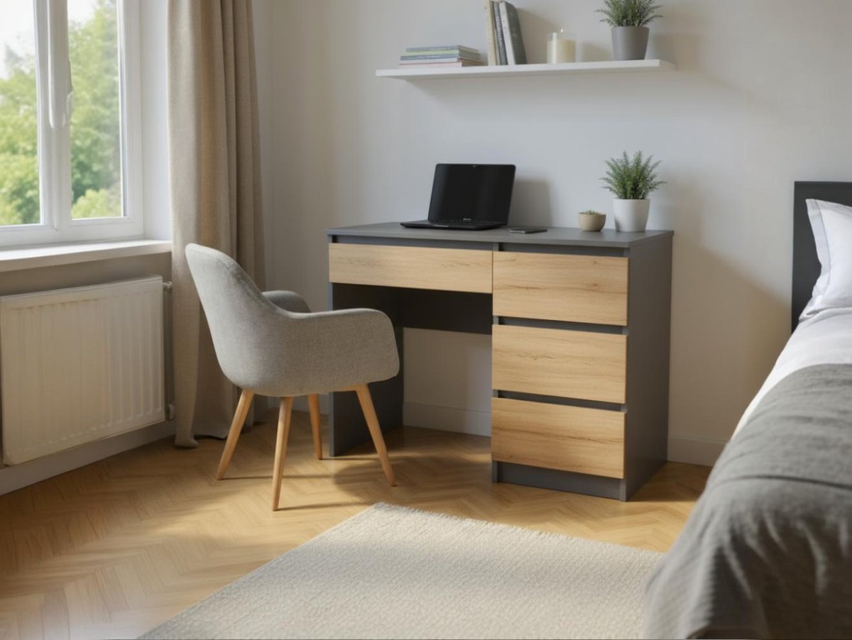 Meubel Square - Bureau Tavik - Antraciet / Eiken - Kindertafel met 4 lades