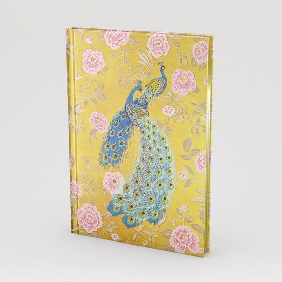 Gouden notitieboek met twee pauwen en roze bloemen, staand.