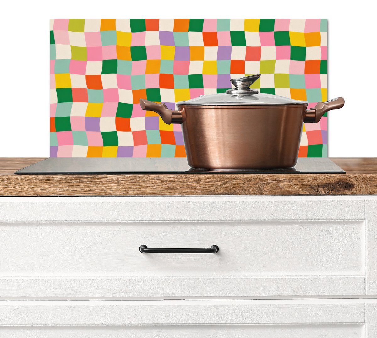 Spatscherm keuken 70x30 cm - Kookplaat achterwand Vierkanten - Kleurrijk - Golvend - Muurbeschermer - Spatwand fornuis - Hoogwaardig aluminium