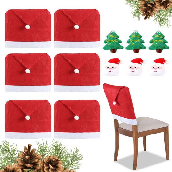 Housse de chaise, Set festif de Noël avec 6 Housses de siège et 6 Décoration de Noël