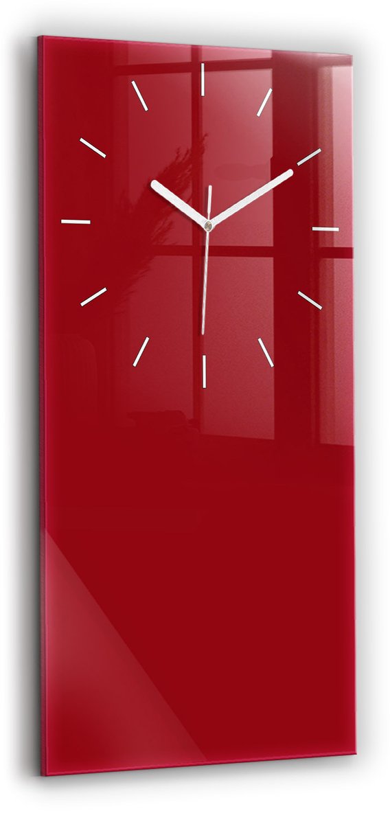 Wallfluent Wandklok - Rood Glazen Klok Rechthoekige - 30 cm x 60 cm - Rood Wandklok - Witte Handen - Wandklok Zonder Cijfers - Wandklok Glas Woonkamer - Rechthoekige Glas Klok - Industrieel Wandklok - Rechthoekige Glazen Wandklok