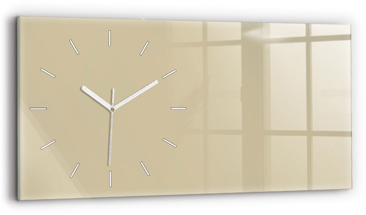 Wallfluent Wandklok - Beige Rechthoekige Glazen Wandklok - 60 cm x 30 cm - Beige Wandklok - Witte Handen - Wandklok Zonder Cijfers - Wandklok voor in de Keuken - Glazen Klok Rechthoekige - Minimalistisch Wandklok - Rechthoekige Glas Klok