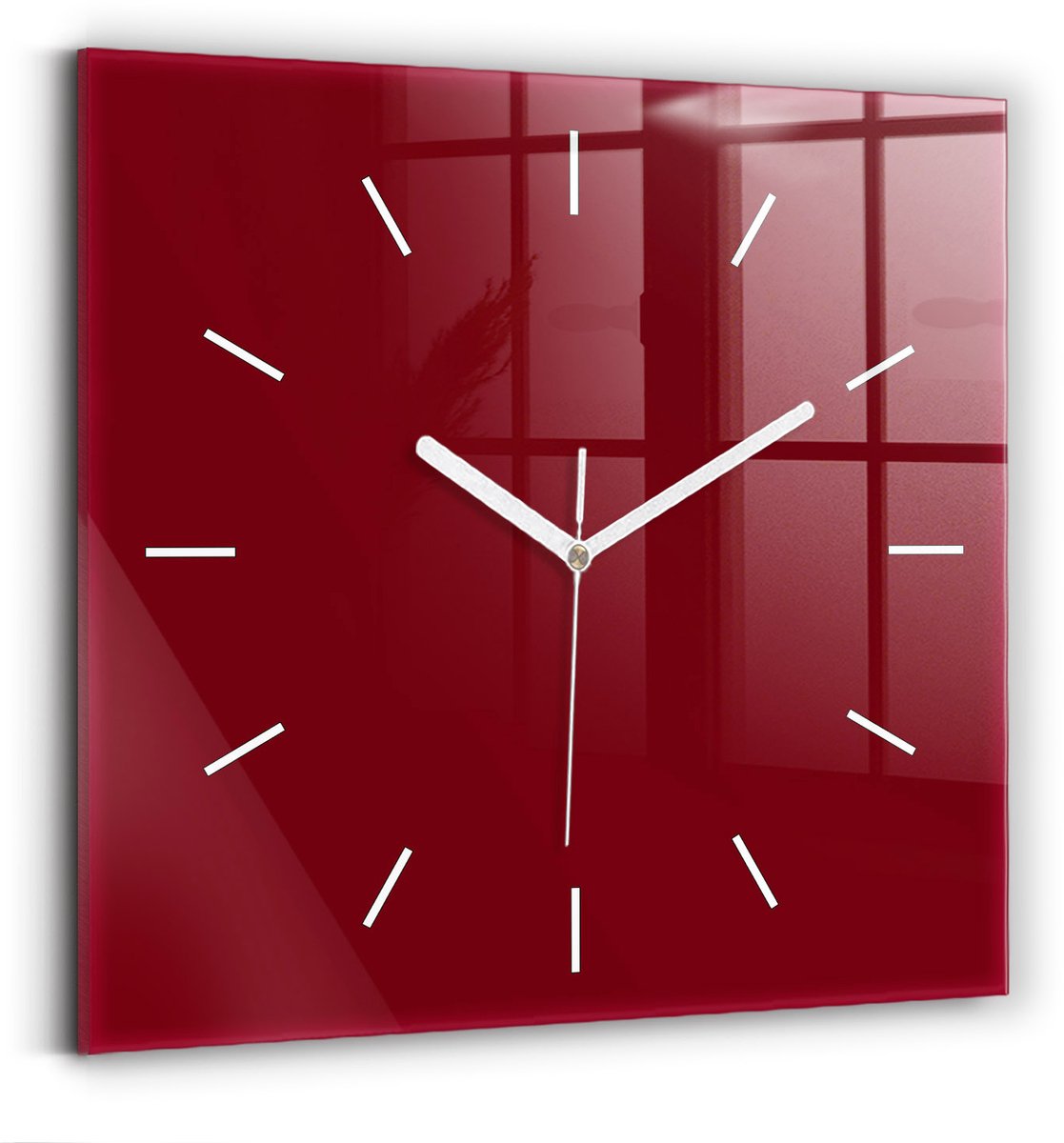 Wallfluent Wandklok - Bourgondië Vierkante Glas Klok - 30 cm x 30 cm - Bourgondië Wandklok - Witte Handen - Wandklok Zonder Cijfers - Kinder Wandklok Glas - Vierkante Glazen Klok - Minimalistisch Wandklok - Vierkante Glazen Wandklok