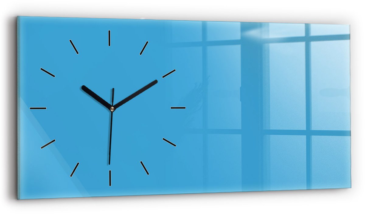 Wallfluent Wandklok - Blauw Rechthoekige Glazen Wandklok - 60 cm x 30 cm - Blauw Wandklok - Zwarte Handen - Wandklok Zonder Cijfers - Wandklok voor in de Keuken - Glazen Klok Rechthoekige - Minimalistisch Wandklok - Rechthoekige Glas Klok