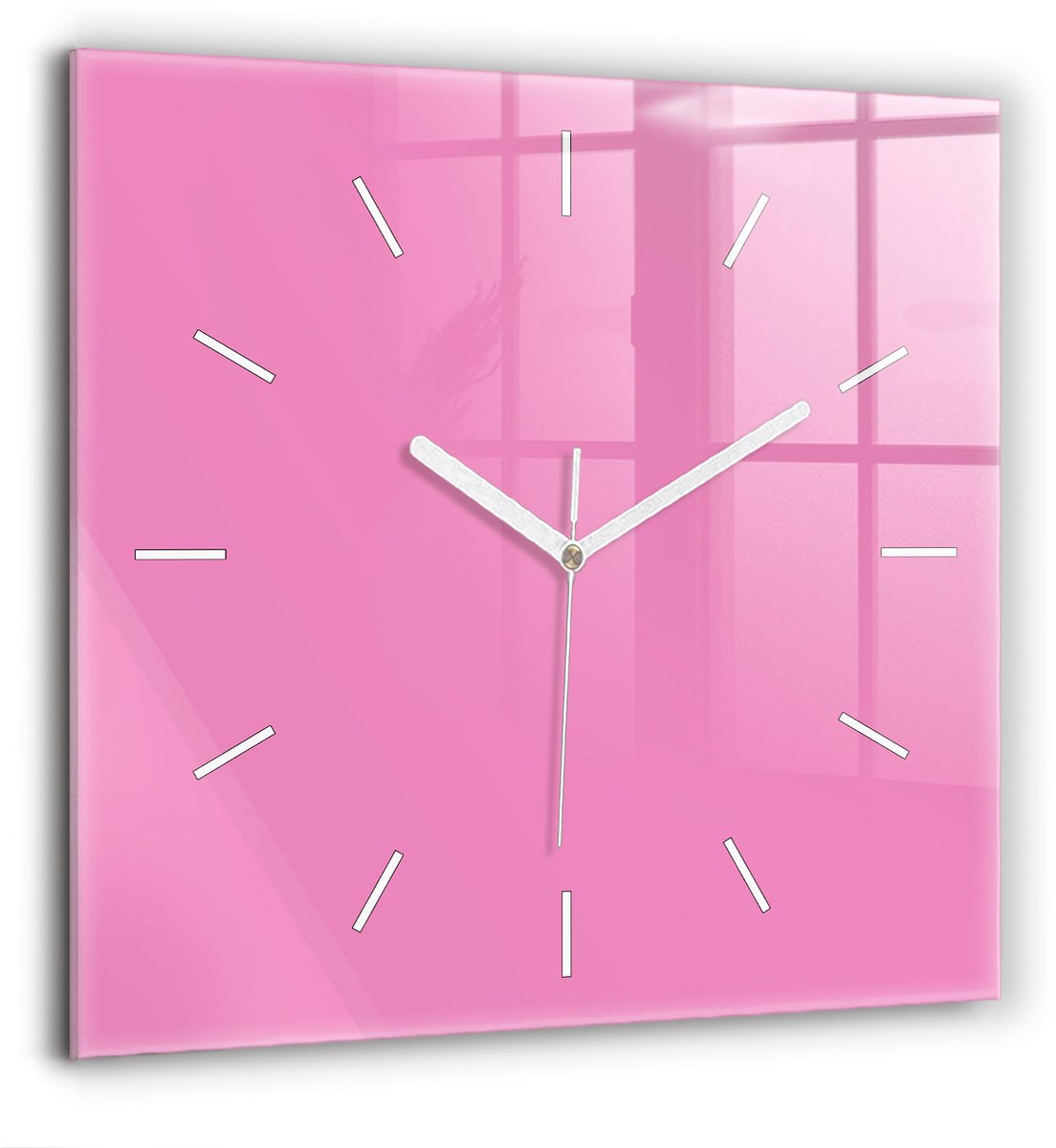 Wallfluent Wandklok - Roze Vierkante Glazen Klok - 60 cm x 60 cm - Roze Wandklok - Witte Handen - Wandklok Zonder Cijfers - Wandklok voor in de Keuken - Vierkante Glazen Wandklok - Industrieel Wandklok - Vierkante Glas Klok