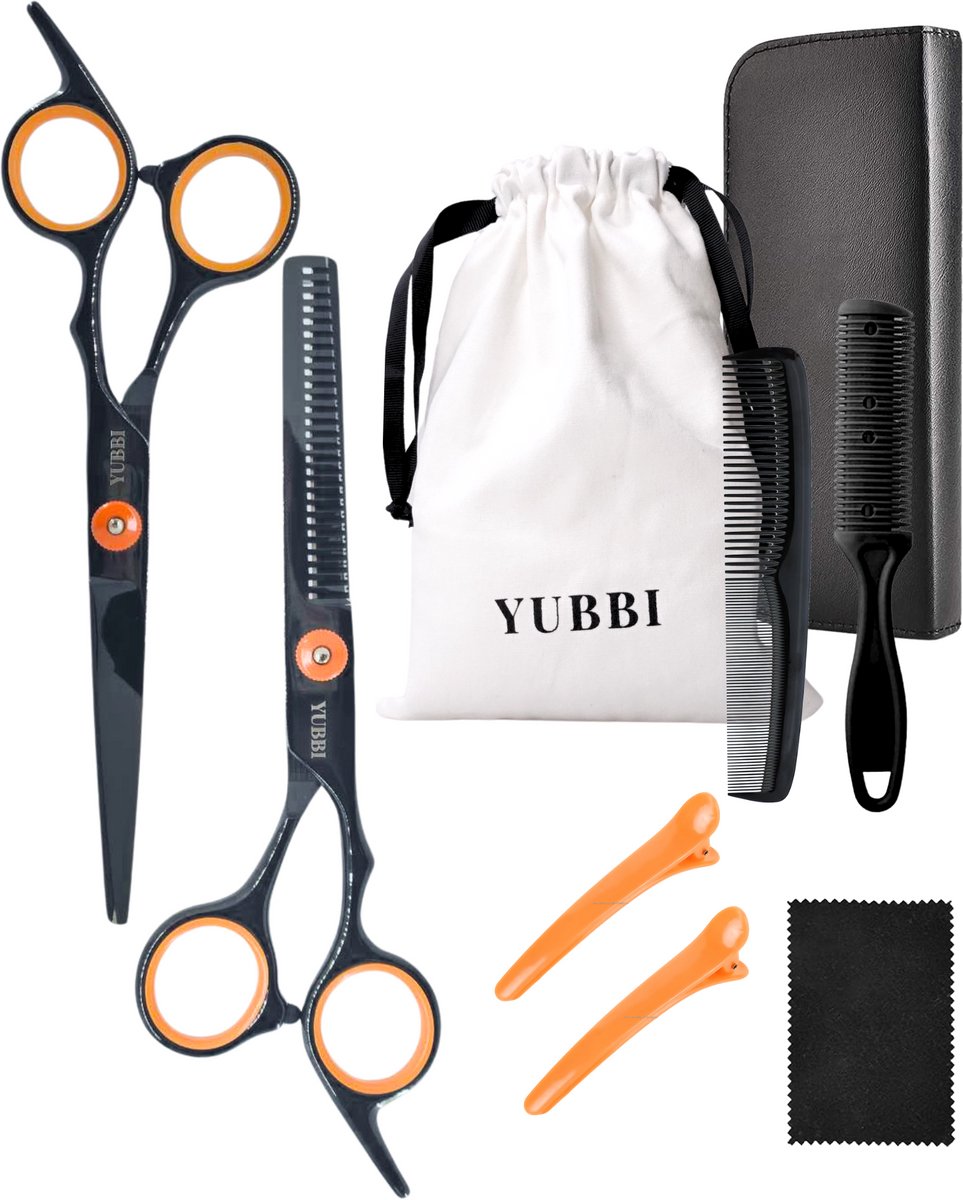 YUBBI Professionele Kappersschaar Set - 9 delig - Knipschaar - Coupeschaar - Uitdunschaar - Snijkam - Zwart Oranje