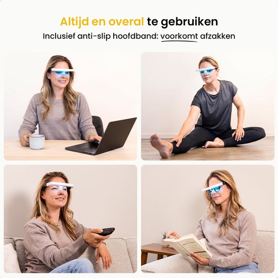 Vrouw met daglichtbril werkt aan laptop, sport, kijkt tv en leest boek.