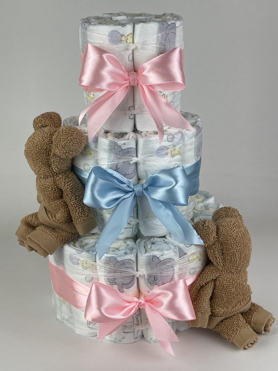 Chouette-Chouette | Luiertaart Neutraal | Kraamcadeau | Geboorte Jongen Meisje | Babyshower | Beren Sand - Roze - Blauw
