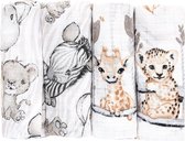 FENSILO Hydrofiele Luiers – 4 Pack – 100% Katoen – 70x80 cm – Hydrofiele doeken - Grijs, Wit, Beige met Dierenmotief, leeuw, olifant, giraffe, zebra en cheetah