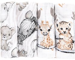 FENSILO Hydrofiele Luiers – 4 Pack – 100% Katoen – 70x80 cm – Hydrofiele doeken - Grijs, Wit, Beige met Dierenmotief, leeuw, olifant, giraffe, zebra en cheetah