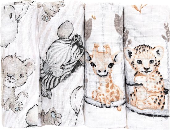 FENSILO Hydrofiele Luiers – 4 Pack – 100% Katoen – 70x80 cm – Hydrofiele doeken - Grijs, Wit, Beige met Dierenmotief, leeuw, olifant, giraffe, zebra en cheetah