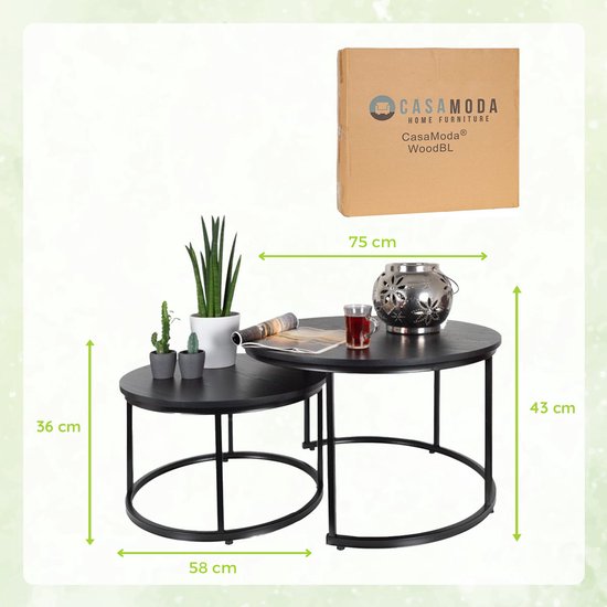 Ensemble de tables basses CASAMODA – ø 58/ 75 cm – Hauteur 36/45 cm – Table d’appoint ronde – Table basse industrielle – Table en bois – Set de 2 – Zwart