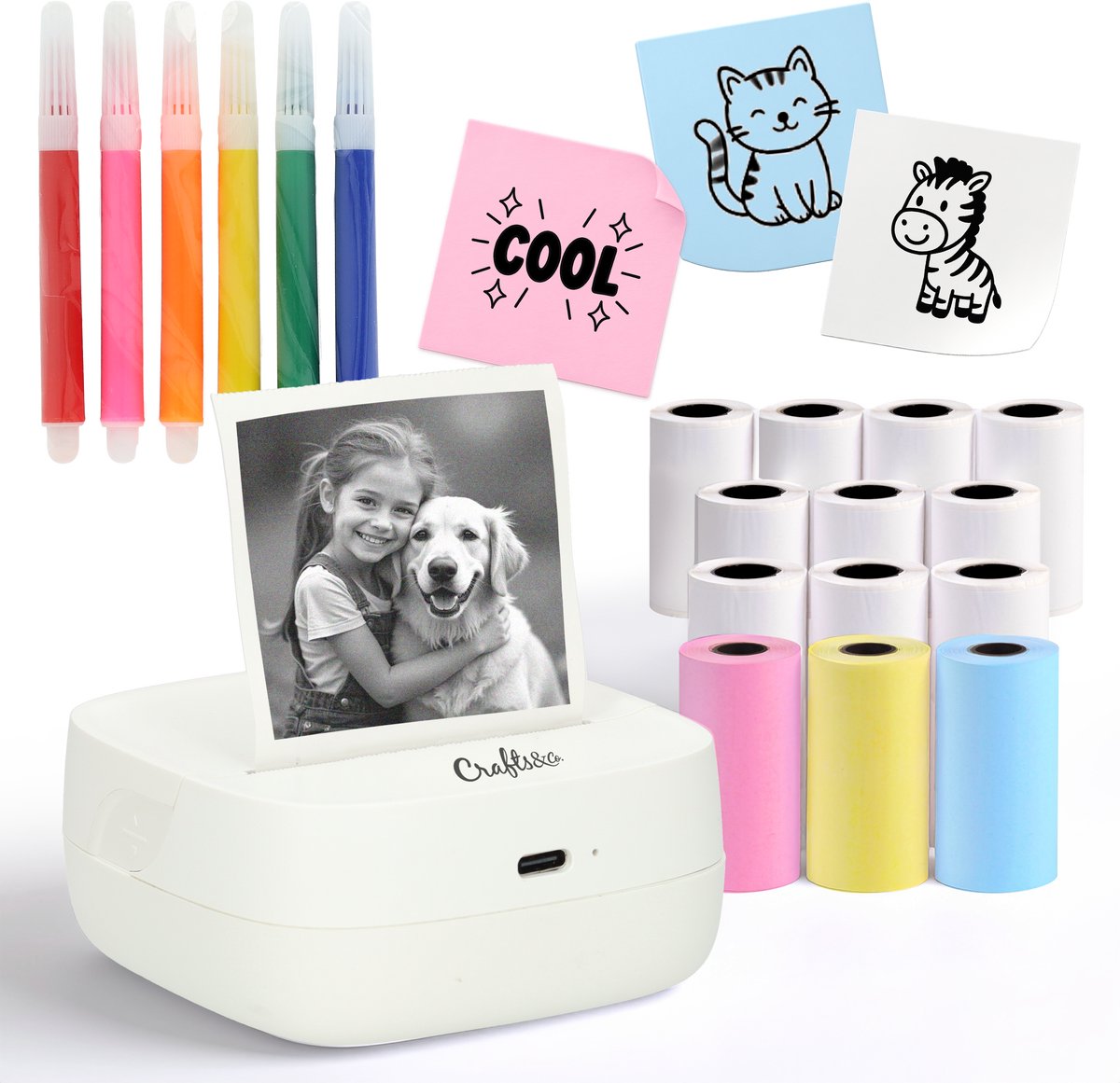 Crafts&Co Mini Pocket Printer met 13 Rollen en 6 Stiften - 24-Uur Batterij - Mobiele Fotoprinter - Interactief Montessori Speelgoed - Draagbare en Thermische Printer - Cadeau voor Jongens en Meisjes - 6, 7, 8, 9, 10, 11, 12, 13, 14+ Jaar - Wit