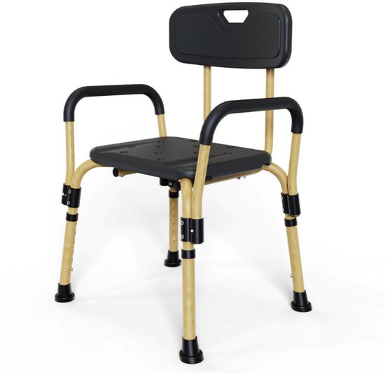 Livista Douchestoel - Verstelbare Hoogte 74-87cm - Geïntegreerde Douchekruk - Max. 150KG - Met Rugleuning en Armleuningen - Inclusief Douchekophouder - Antislippoten - Zwart/Houtnerf