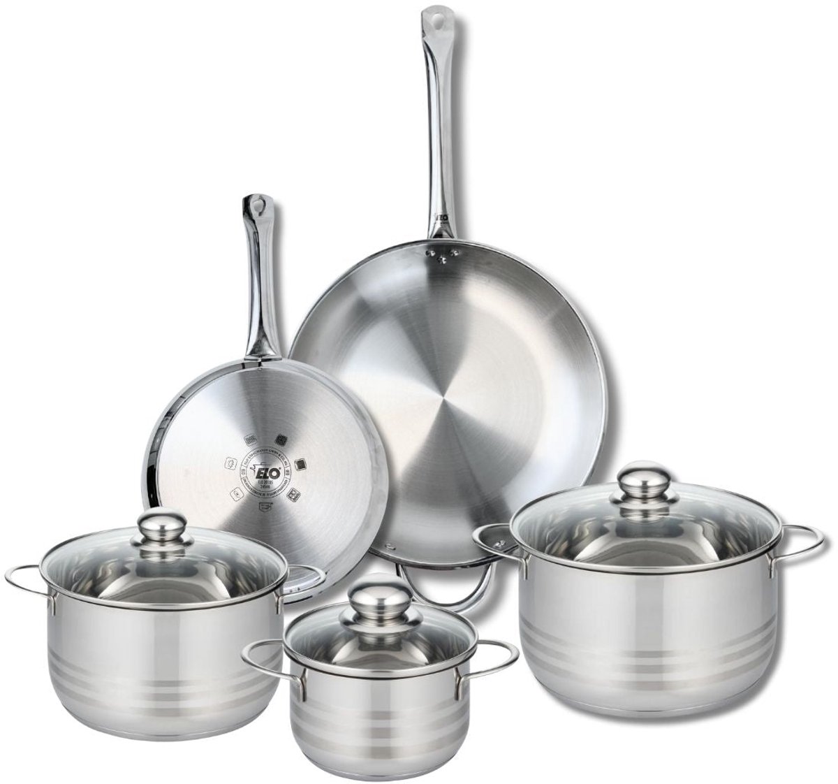 Set van 2 Koekenpannen 24 en 32 cm en 3 Kookpotten 16, 20 en 24 cm Elo Profi Brillant