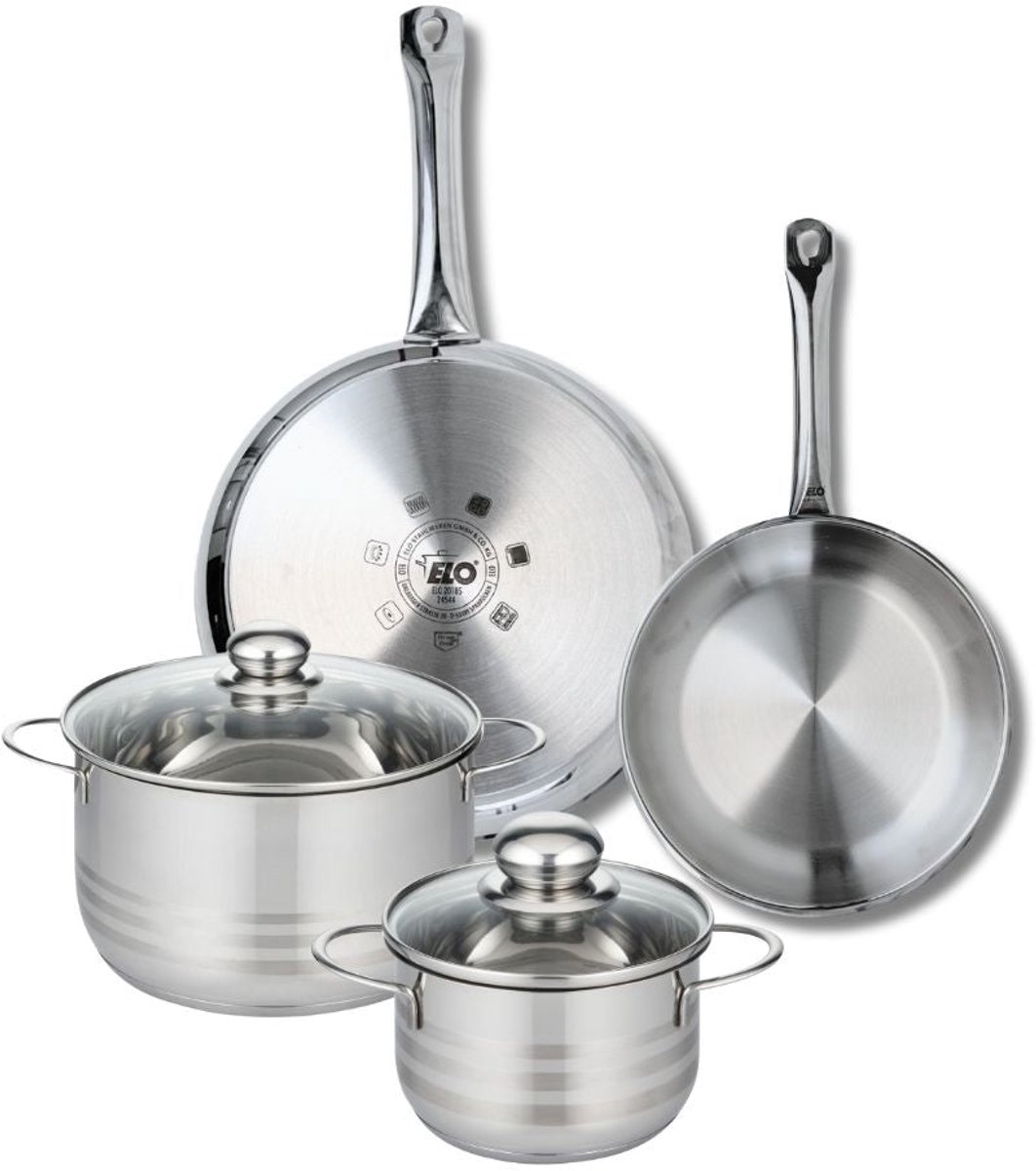 Set van 2 Koekenpannen 24 en 28 cm en 2 kookpotten 16 en 20 cm Elo Profi Brillant