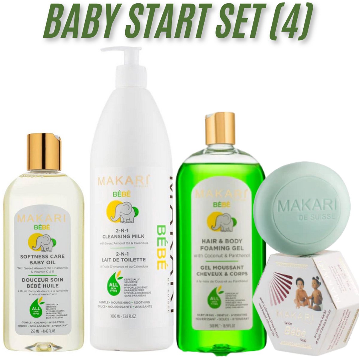 Makari Bébé Complete Baby Verzorgingsset – 4-delige Startset met Babyzeep, Babyolie, Cleansing Milk en Foaming Gel – Voor de Gevoelige Babyhuid