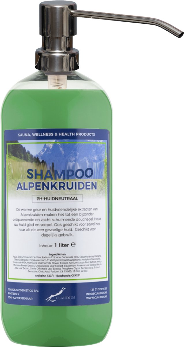 Shampoo Alpenkruiden - 1 liter (transparant) met zilveren pomp - Haarverzorging