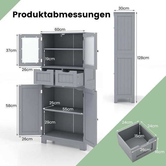 COSTWAY Badkamerkast met 2 laden en 4 deuren, badkamerkast met verstelbare planken, opbergkast voor badkamer, keuken, woonkamer (grijs)