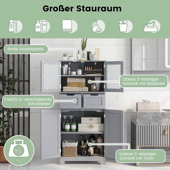 COSTWAY Badkamerkast met 2 laden en 4 deuren, badkamerkast met verstelbare planken, opbergkast voor badkamer, keuken, woonkamer (grijs)