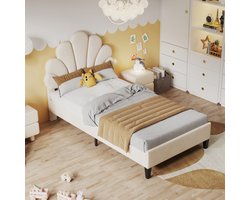 Gestoffeerd bed - kinderbed 90 x 200 cm met gebloemd hoofdeinde en lattenbodem - meisjesbed - beige - zonder matras