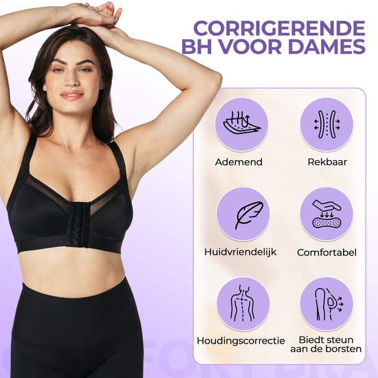 Zwarte corrigerende dames BH met voorsluiting, afgebeeld op een model. Iconen tonen ademend, rekbaar, huidvriendelijk, comfortabel, houdingscorrectie en borstondersteuning.