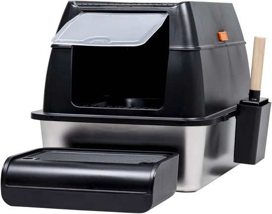 Nuvona Premium Kattenbak RVS - XXL - Incl. Geurneutralisator - Incl. Kattenbakschep & Grit Opvanger - Voor Grote & Kleine Katten - 37L Inhoud - Zwart