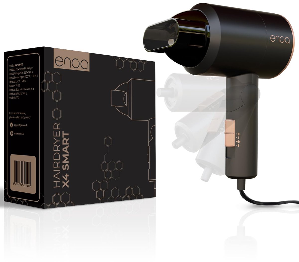 ENOA X4 SMART – Compacte Opvouwbare Reisföhn – 1100W DC Motor – 3 Snelheden & 3 Temperatuurinstellingen – Stil & Lichtgewicht – Inclusief Precisieconcentrator