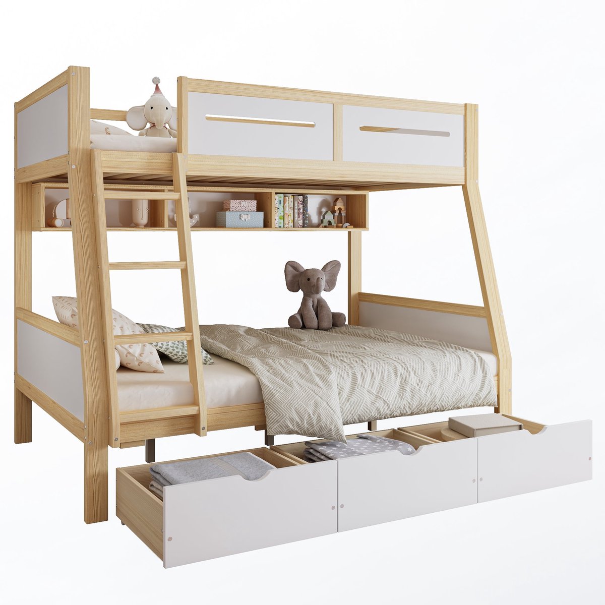 Merax Etagenbed 90x200 & 120x200 cm – Kinderbed met 3 Laden op Wielen – Boekenrek 2m – Veilige Omheining en Trap – Massief Hout Wit & Naturel