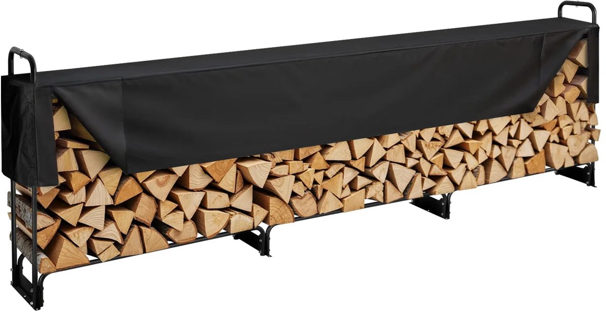 Betaalbare Goederen® metalen brandhout rek - 152x12x46 - zwart - openhaard buiten - binnen - brandhoutrek - brandhoutrek buiten - brandhoutrek binnen - stelling