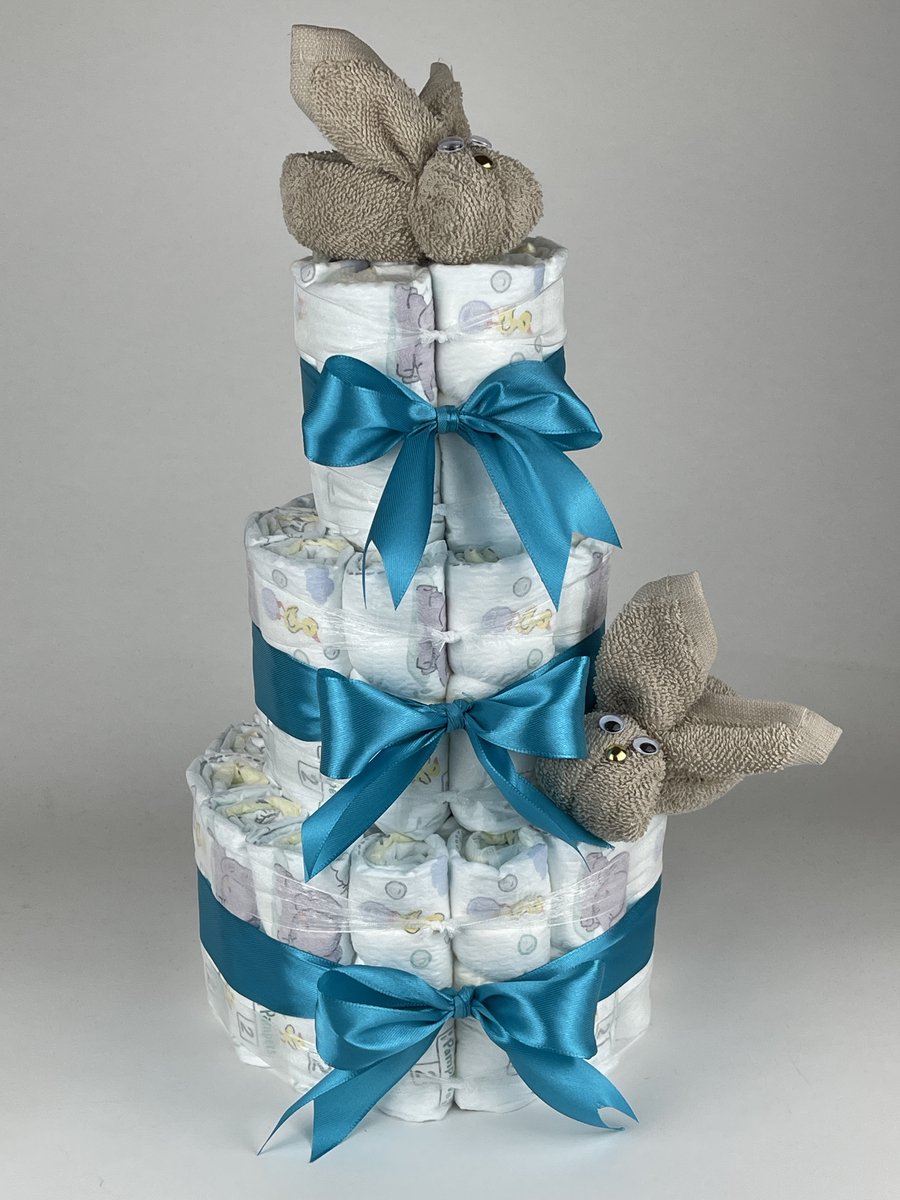Chouette-Chouette | Luiertaart Neutraal | Kraamcadeau | Geboorte Jongen Meisje | Babyshower | Konijnen Cream - Petrol