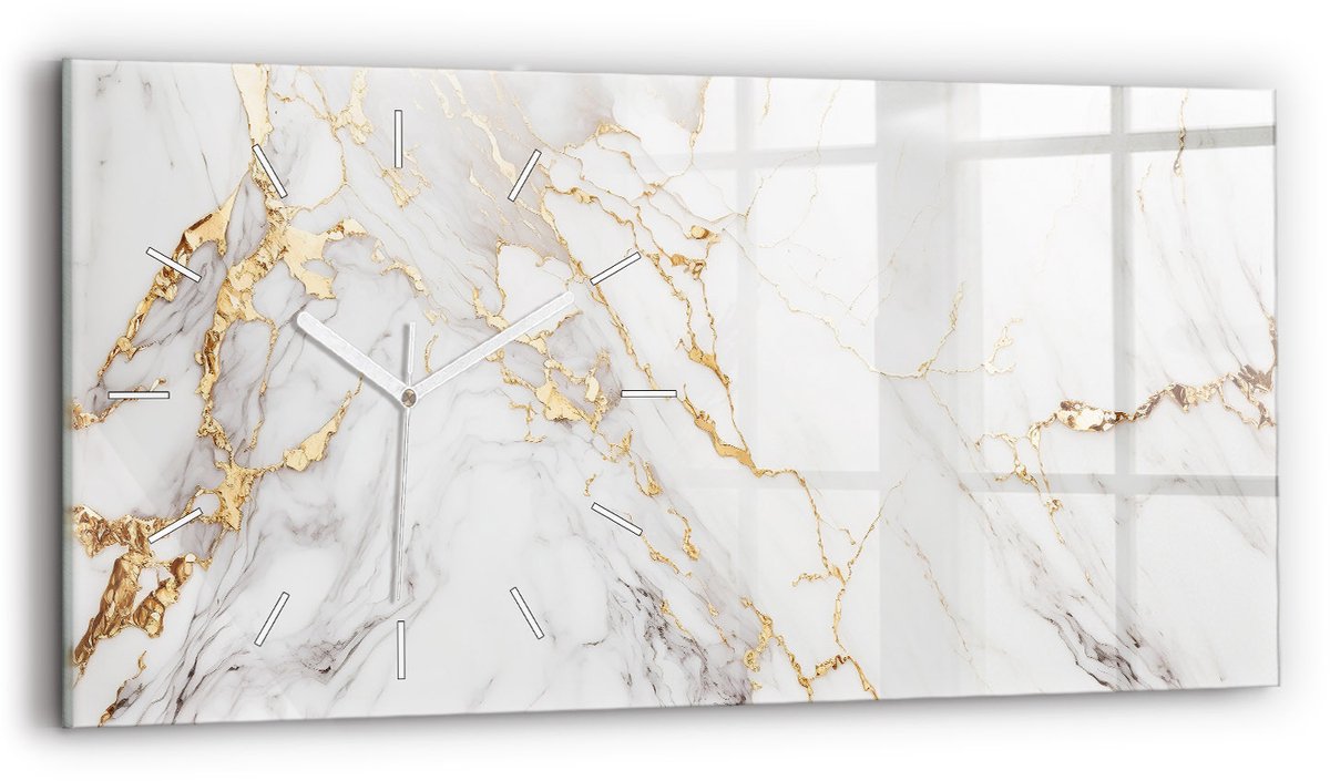 Wallfluent Wandklok - Decoratief marmer Stijlvolle Klok - 60 cm x 30 cm - Wit Wandklok - Witte Handen - Wandklok Zonder Cijfers - Kinder Wandklok Glas - Rechthoekige Glas Klok - Scandinavisch Wandklok - Klok met Print
