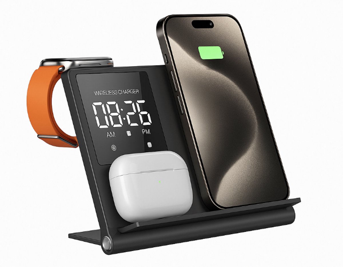 3-in-1 Draadloze Oplader 18W - Opvouwbaar & Alarm/klok - Snellader - Geschikt voor Smartwatch, Smartphone en Draadloos Oortjes