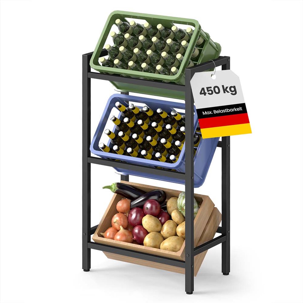 Songmics- Drankkrattenrek – 3 niveaus – Voor 3 kratten - max 150 kg - zwart