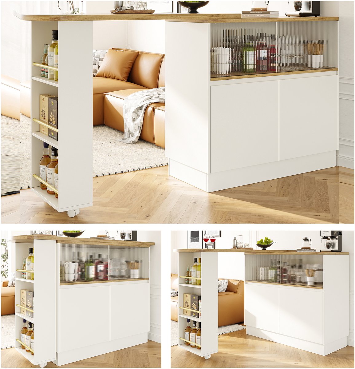 360° Draaibare Snackbar (90x45x100 cm) - Modern Wit Draaisideboard met Planken & Glas - Voor Keuken en Eethoek