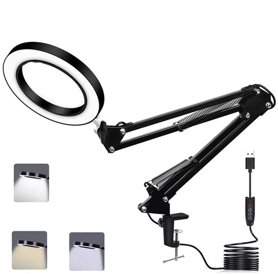 2-in-1 Vergrootglas Met LED, Klem En Standaard – 10-15x, Dimbaar, 5 Kleurstanden