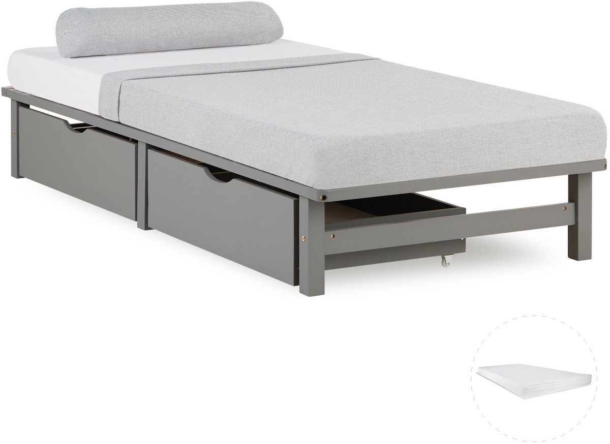 Homestyle4u Palletbed - 90x200 cm - Houten bed - met matras Bedbak - Grijs