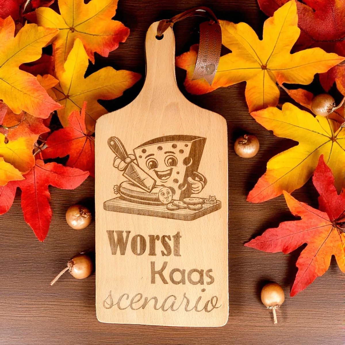 Baardmans Creaties - Luxe plantaardig geoliede serveerplank beukenhout klein ‘Worst-Kaas scenario’