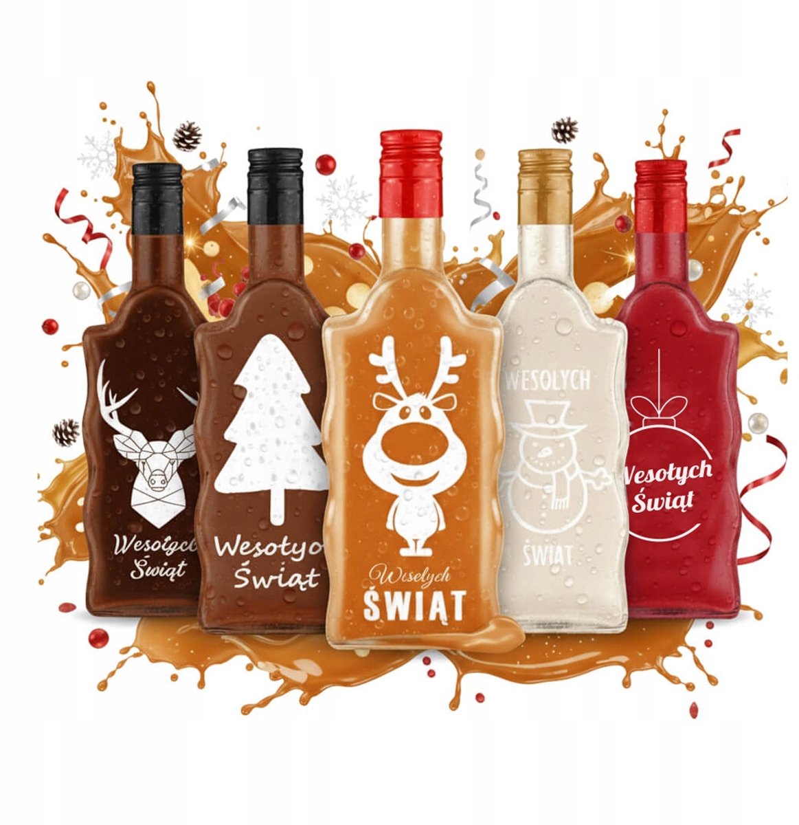 Set van 5 Kerst Flesjes Glas 'Fala' 500ml met Opdruk - Voor Likorettes