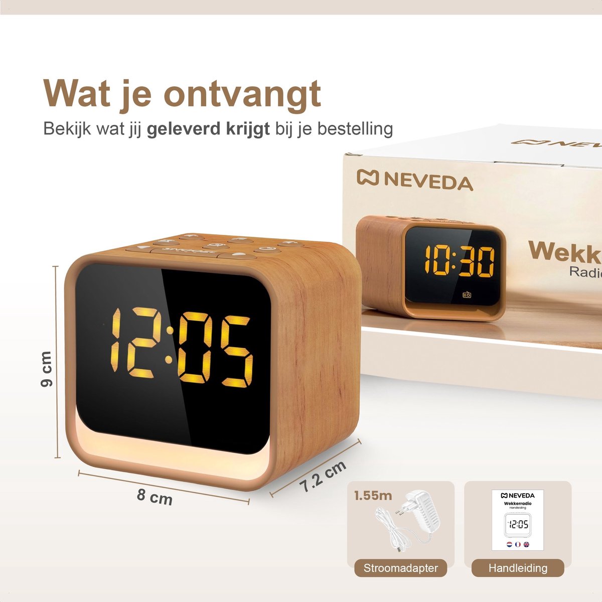 Neveda Digitale Wekkerradio met Nachtlamp licht - Wekkers Digitaal op Netstroom - Slaapkamer - Bruin houtlook — cadeau in Wonen & Interieur - foto 8